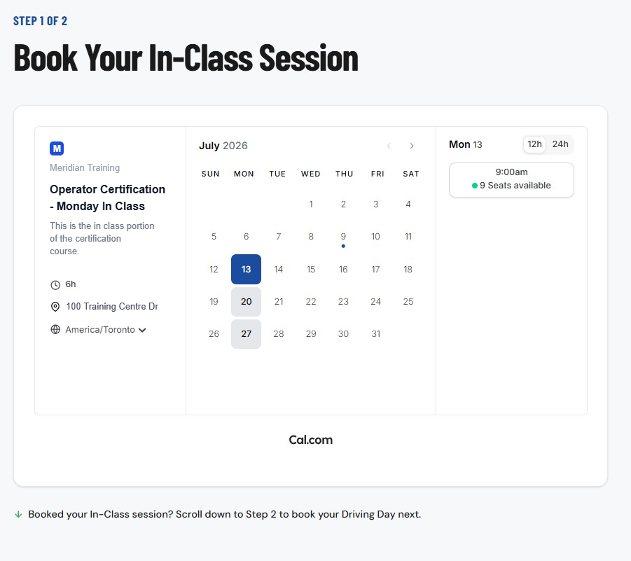 Anonymized screenshot of the online booking system: a two-step session booking calendar with available seats